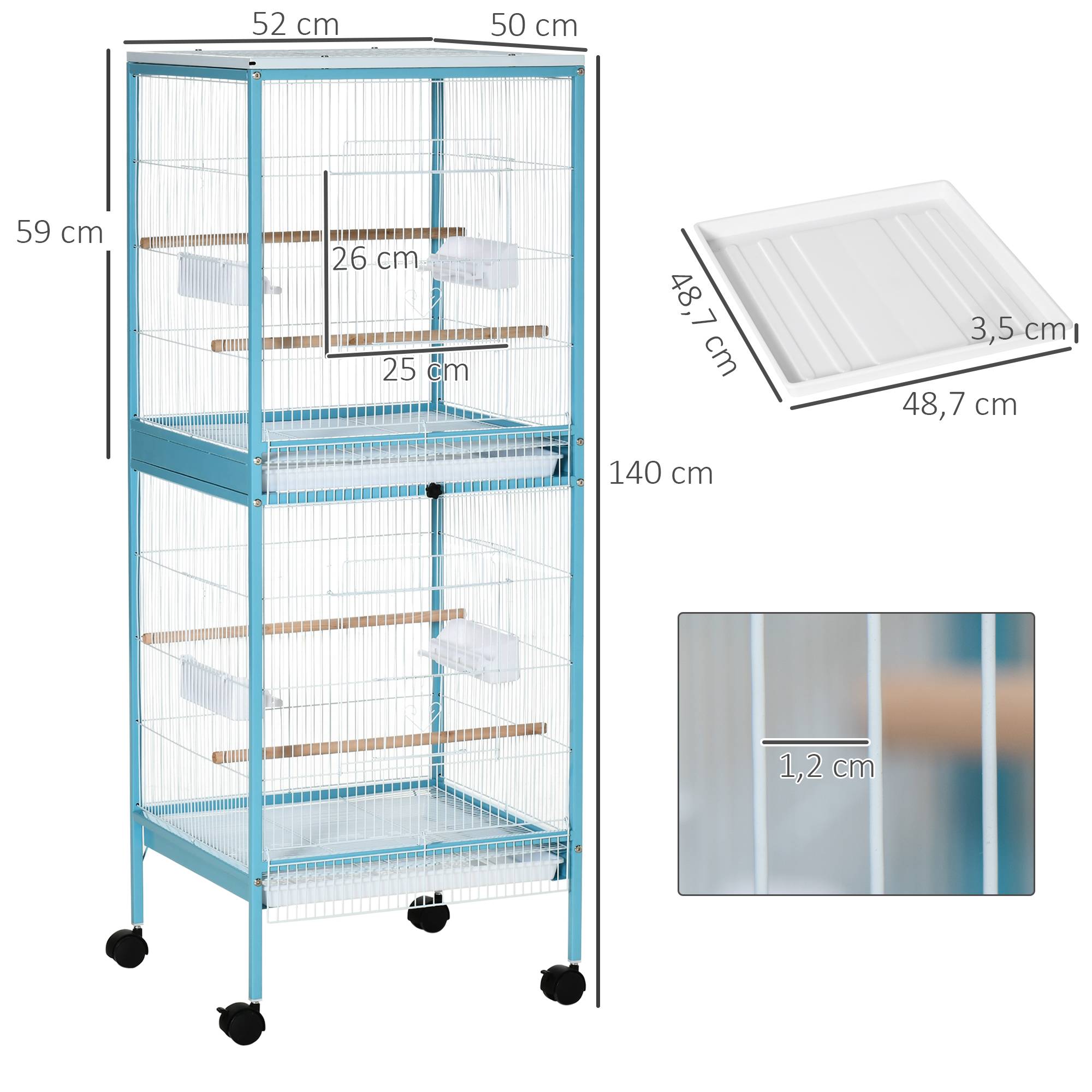 Grande Cage à Oiseaux sur Pied Double avec Mangeoires Perchoirs Plateau Amovible Roulettes 51,5 x 50 x 140 cm Bleu Clair - Image 5