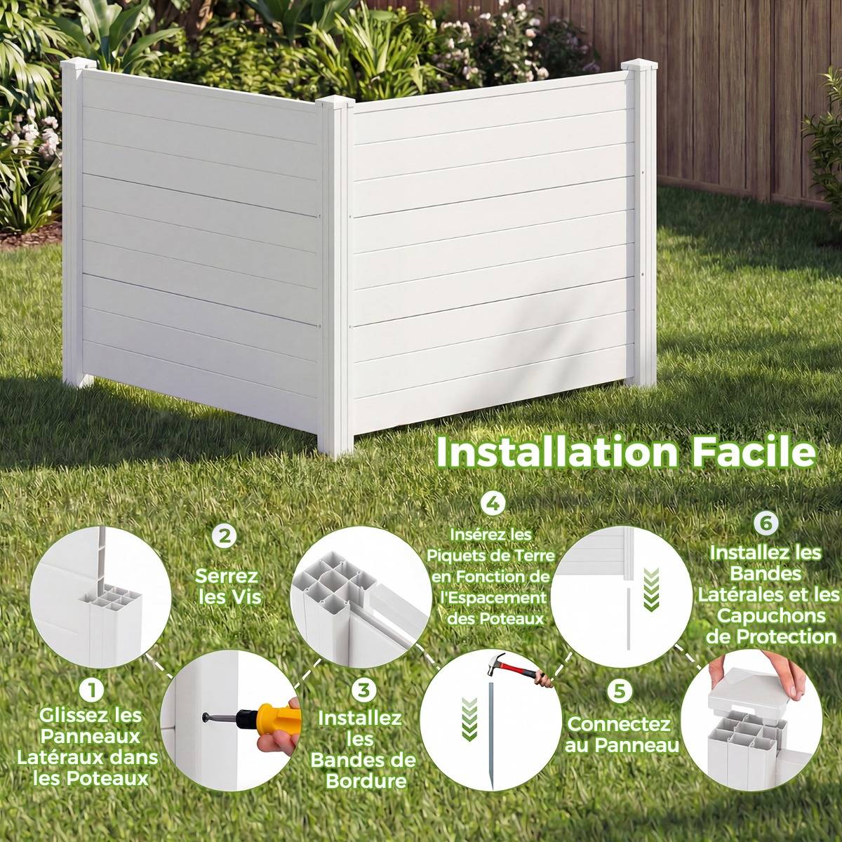 Clôtures de Jardin 122 x 95 CM avec 3 Piquets Clôture de Confidentialité pour Poubelle Brise-Vue Blanc MAISON CHIC - Image 5