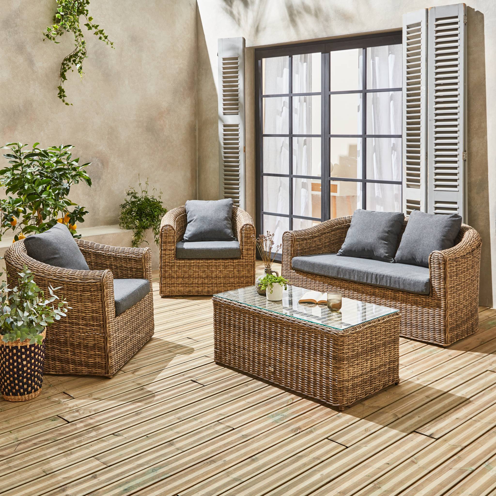 sweeek - Salon de jardin en résine tressée arrondie 4 places - Valentino Naturel - Coussins anthracite. canapé fauteuils table basse | sweeek - Image 3