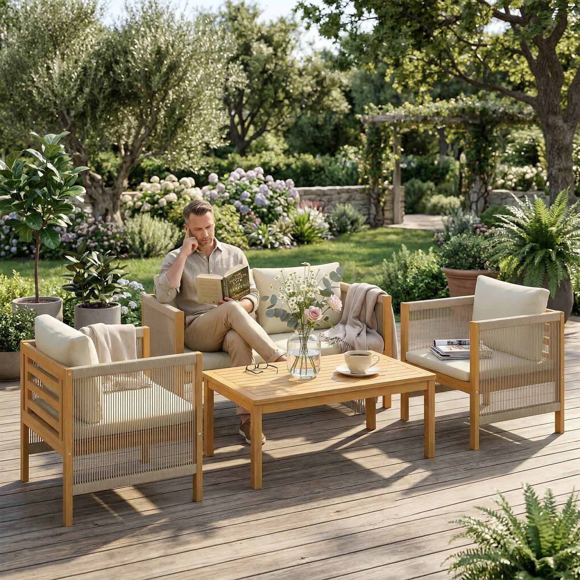 Salon de Jardin Ensemble de Mobilier 4 Pièces en Bois d'Acacia Coussins Déhoussables et Corde Tressée Naturel - Image 10