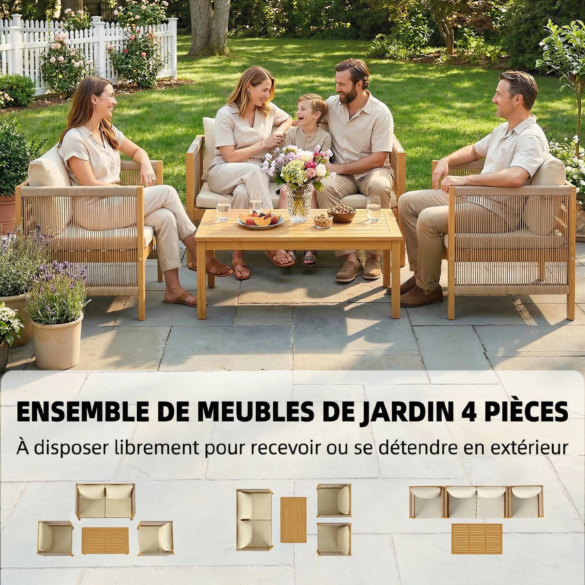 Salon de Jardin Ensemble de Mobilier 4 Pièces en Bois d'Acacia Coussins Déhoussables et Corde Tressée Naturel - Image 6