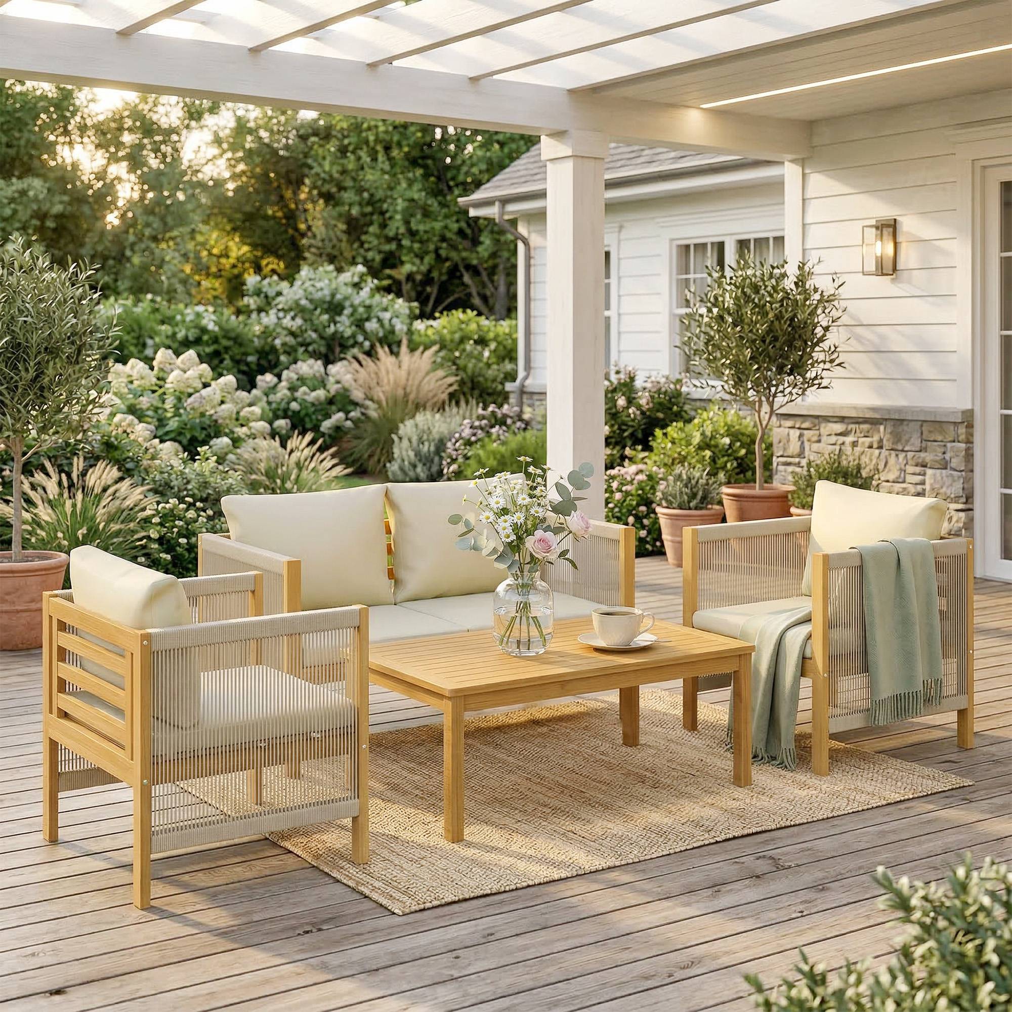 Salon de Jardin Ensemble de Mobilier 4 Pièces en Bois d'Acacia Coussins Déhoussables et Corde Tressée Naturel - Image 3
