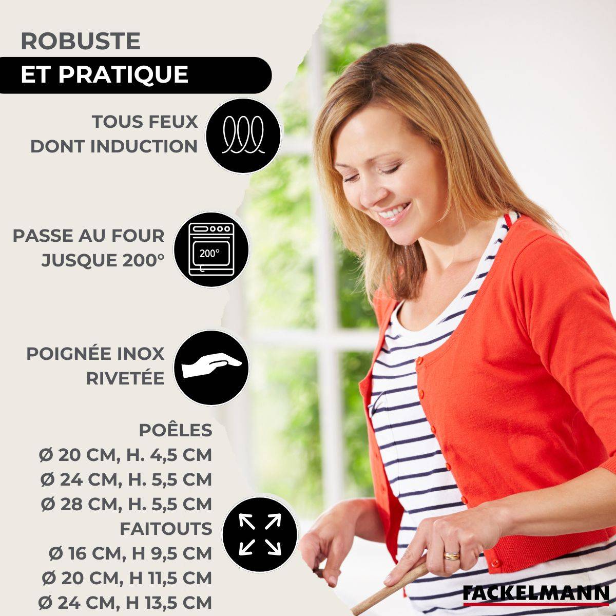 Batterie de cuisine avec 3 poêles 20/24/28 cm et 3 faitouts 16/20/24 cm en inox sans PFAS Fackelmann Eterna Brillant - Image 3