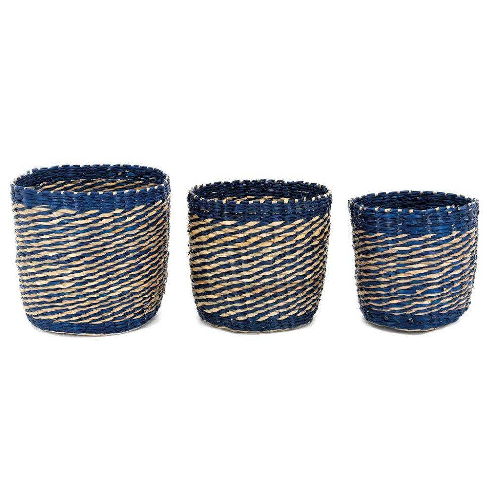 Aubry Gaspard - Cache-pots en jonc naturel et bleu (lot de 3) - Image 3