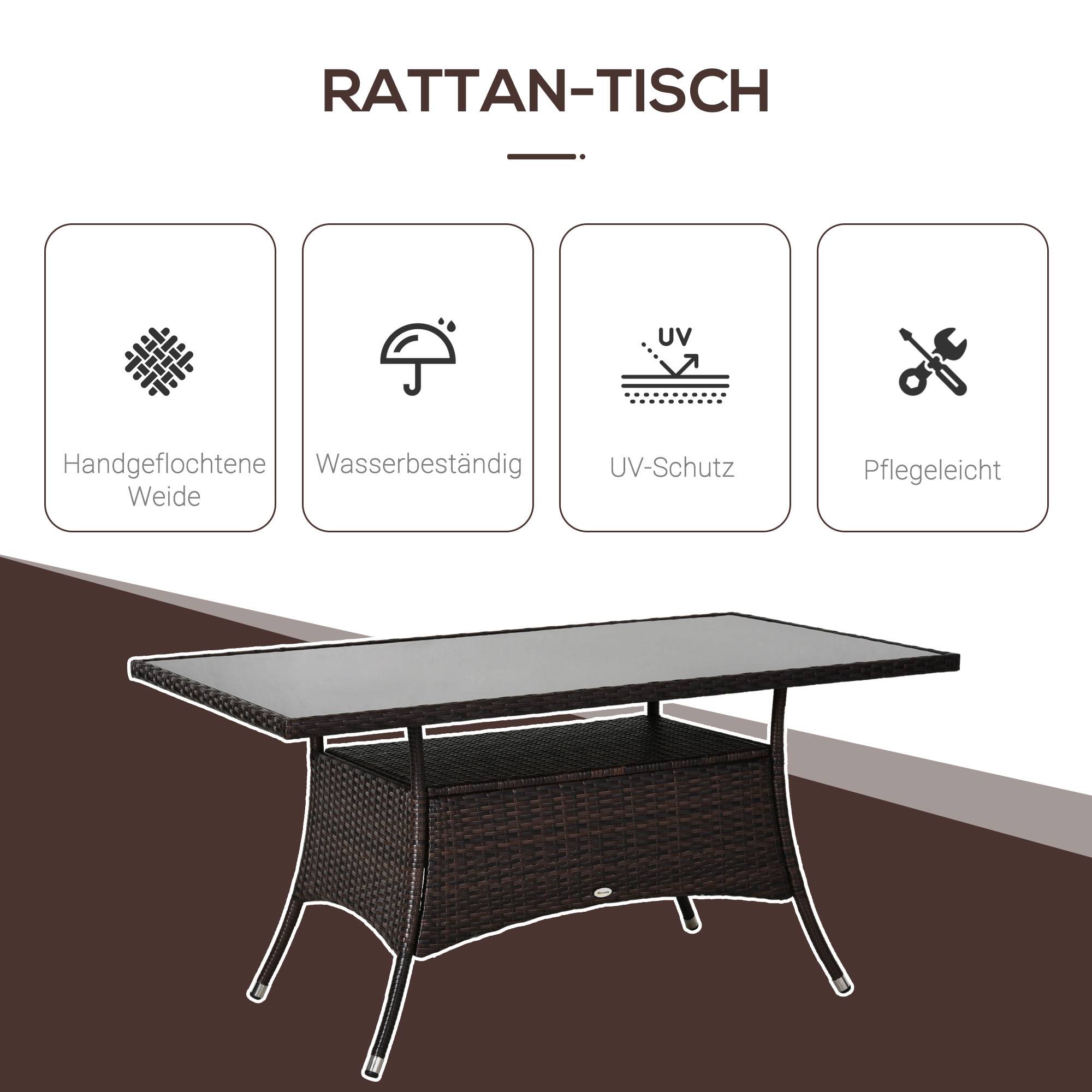 Table de jardin en polyrattan et verre de sécurité, coloris marron et noir, dimensions 150x85x74 cm - Image 4