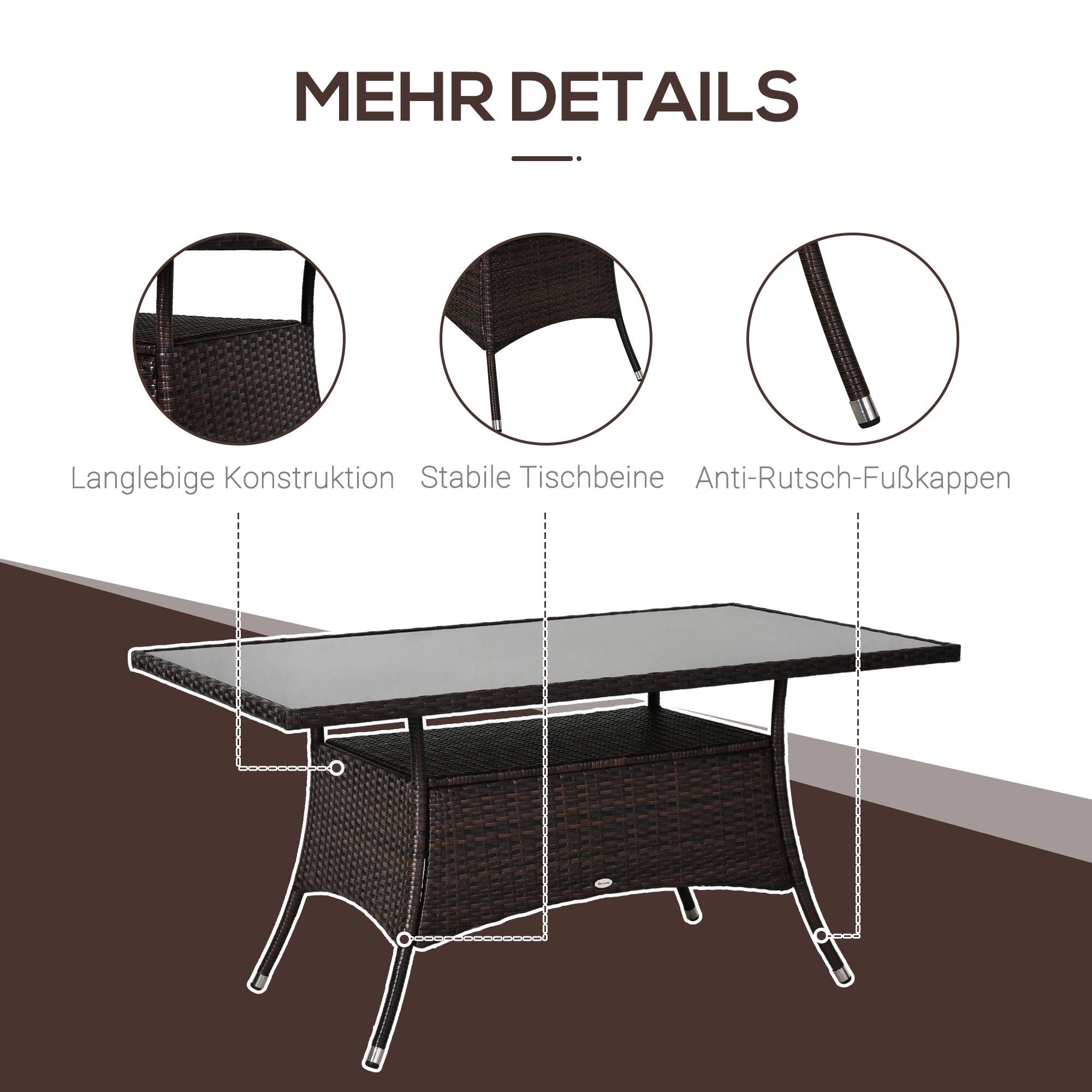 Table de jardin en polyrattan et verre de sécurité, coloris marron et noir, dimensions 150x85x74 cm - Image 6