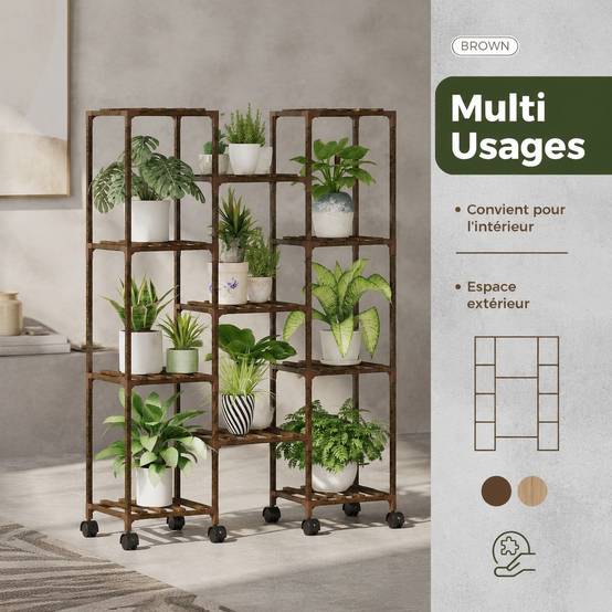 Support de Plantes En Bois à Roues pour 11 Pots Grand Rangement Décoratif Intérieur Extérieur - Image 4