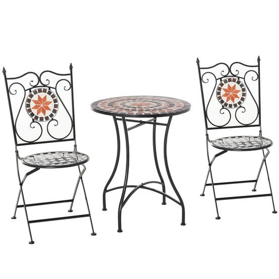 ComfortXL - Salon de jardin bistrot métal céramique multicolore table Ø60 cm 2 chaises pliantes pour petit balcon terrasse - Image 2
