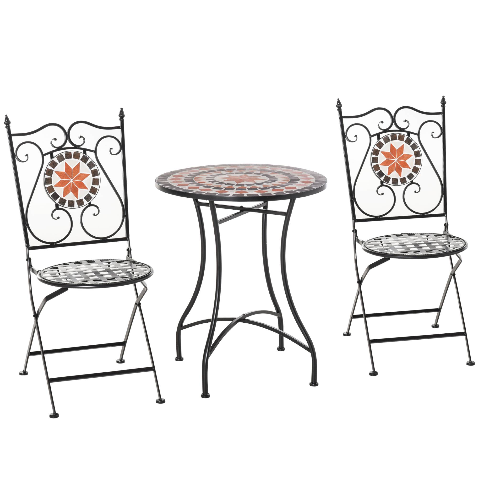 ComfortXL - Salon de jardin bistrot métal céramique multicolore table Ø60 cm 2 chaises pliantes pour petit balcon terrasse - Image 2