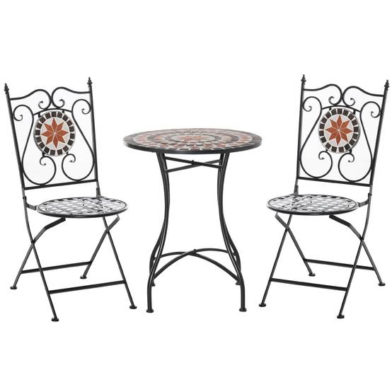 ComfortXL - Salon de jardin bistrot métal céramique multicolore table Ø60 cm 2 chaises pliantes pour petit balcon terrasse - Image 7