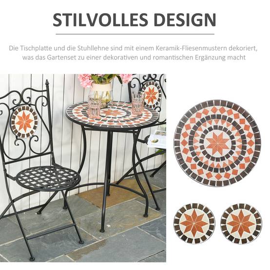 ComfortXL - Salon de jardin bistrot métal céramique multicolore table Ø60 cm 2 chaises pliantes pour petit balcon terrasse - Image 6