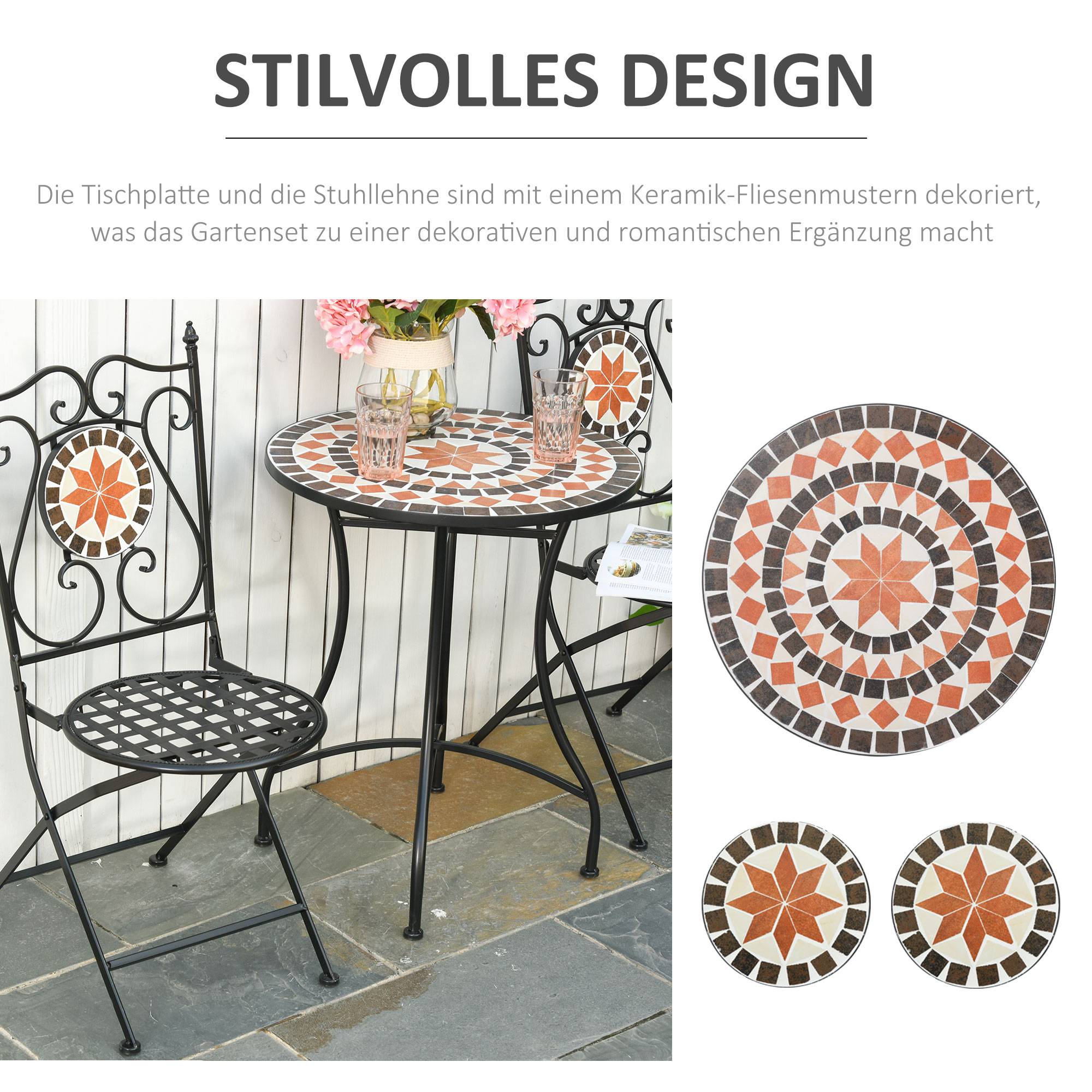ComfortXL - Salon de jardin bistrot métal céramique multicolore table Ø60 cm 2 chaises pliantes pour petit balcon terrasse - Image 6