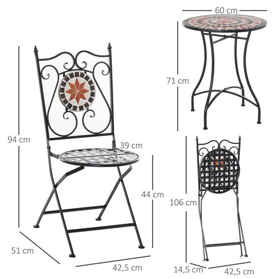 ComfortXL - Salon de jardin bistrot métal céramique multicolore table Ø60 cm 2 chaises pliantes pour petit balcon terrasse - Image 3
