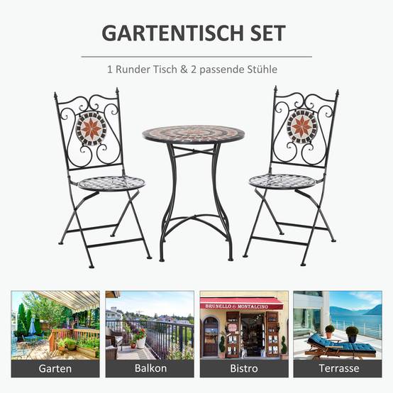 ComfortXL - Salon de jardin bistrot métal céramique multicolore table Ø60 cm 2 chaises pliantes pour petit balcon terrasse - Image 5