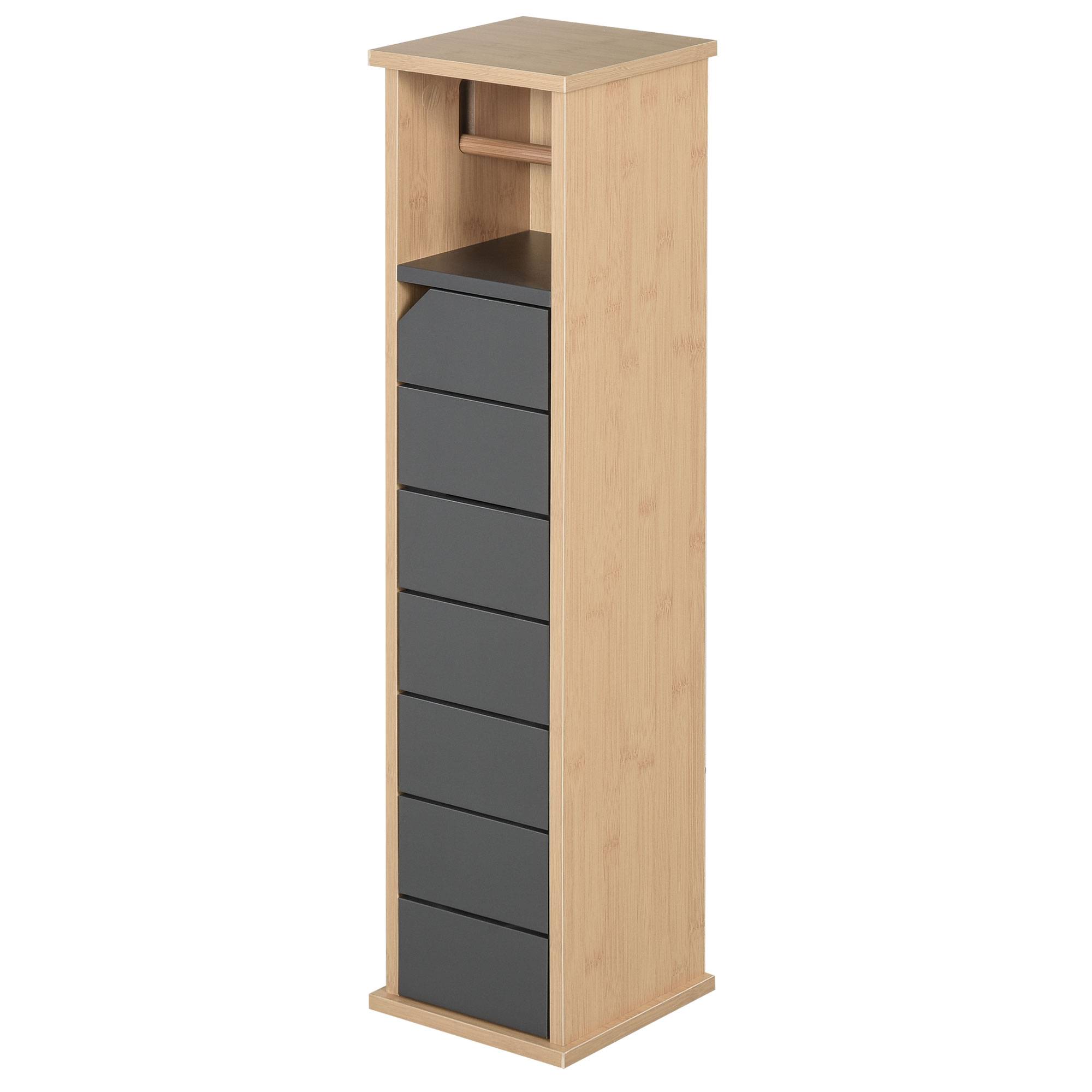 Meuble WC porte papier toilette bambou avec étagère réglable, rangement compact gris moderne - Image 2