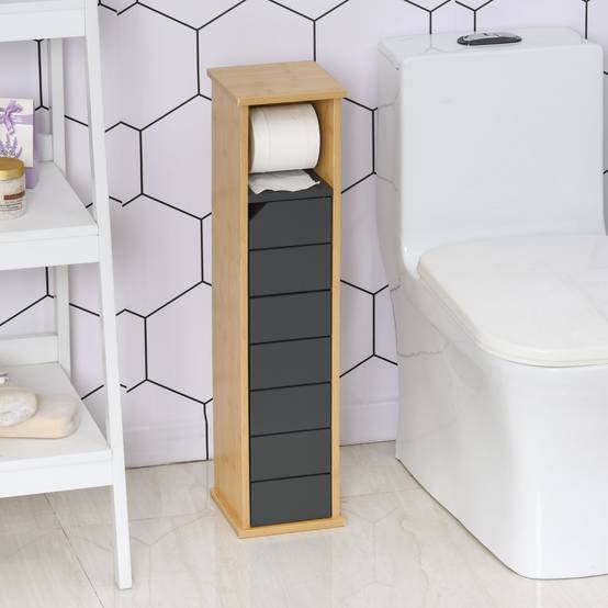 Meuble WC porte papier toilette bambou avec étagère réglable, rangement compact gris moderne - Image 4