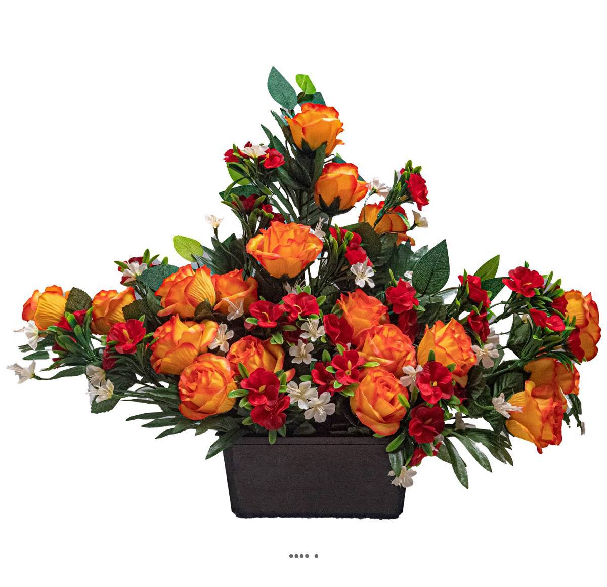 Artificielles - Devant de tombe de Rose, Mini fleurs et Ficus Orange artificiels pour la Toussaint - couleur: Orange - Image 2