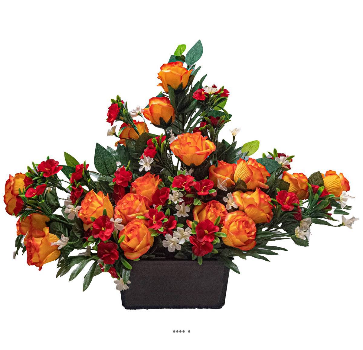 Artificielles - Devant de tombe de Rose, Mini fleurs et Ficus Orange artificiels pour la Toussaint - couleur: Orange - Image 1