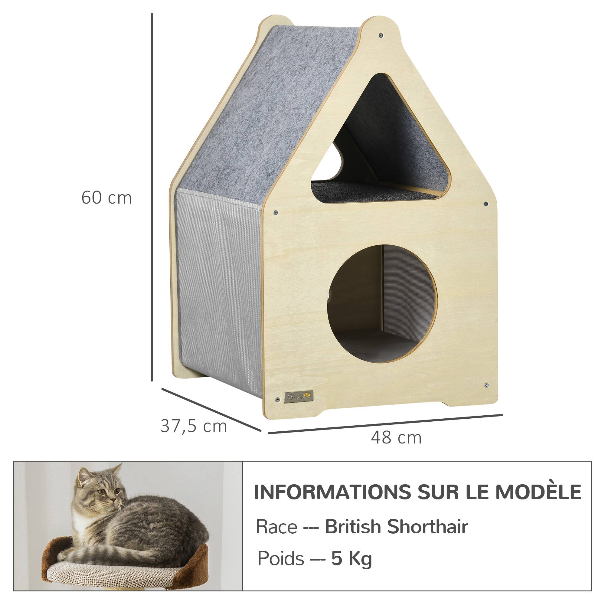 Pawhut - Maison pour chat design maisonnette - niche chat panier chat - 2 coussins amovibles, 2 niv. - panneaux aspect bois clair polyester gris - Image 3