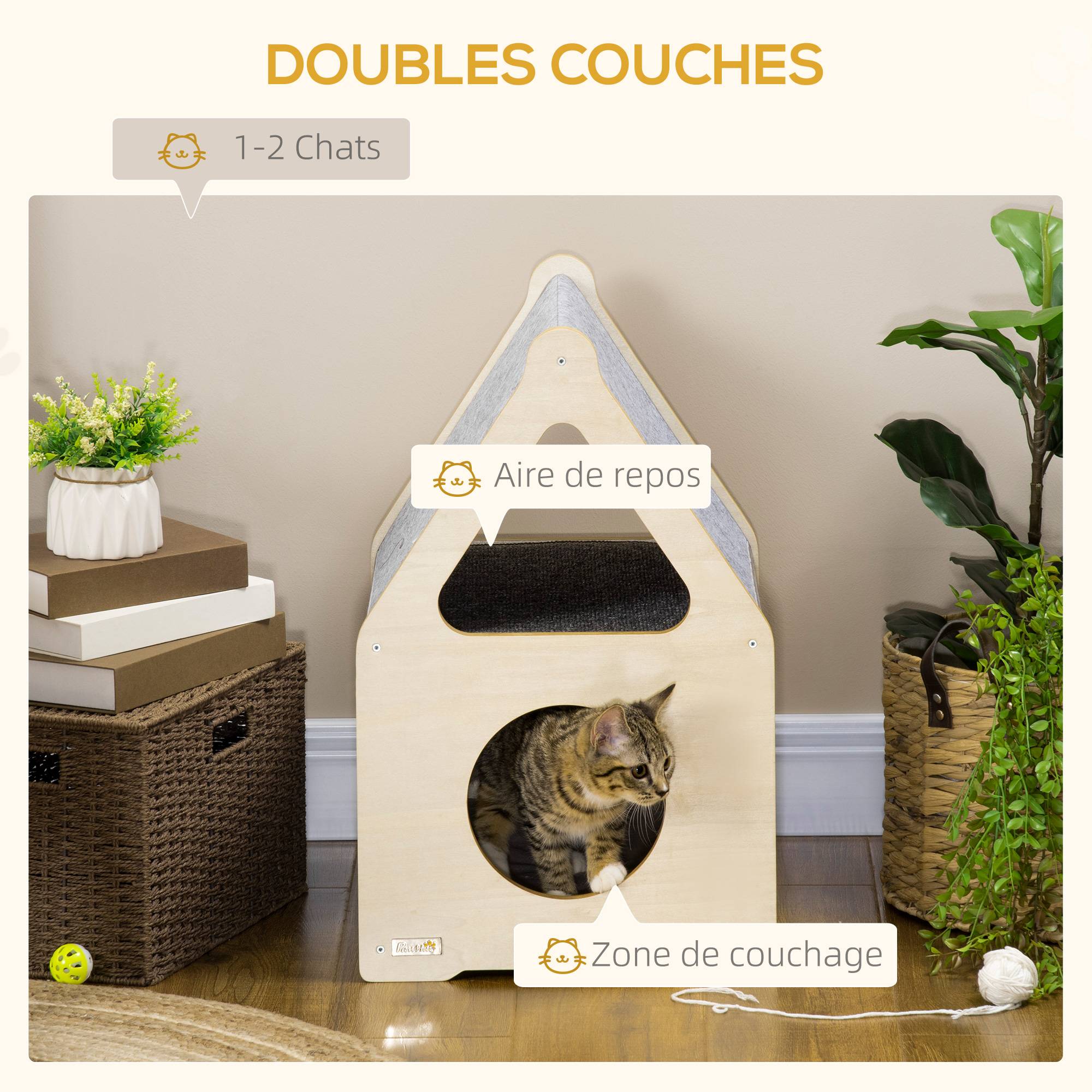 Pawhut - Maison pour chat design maisonnette - niche chat panier chat - 2 coussins amovibles, 2 niv. - panneaux aspect bois clair polyester gris - Image 4