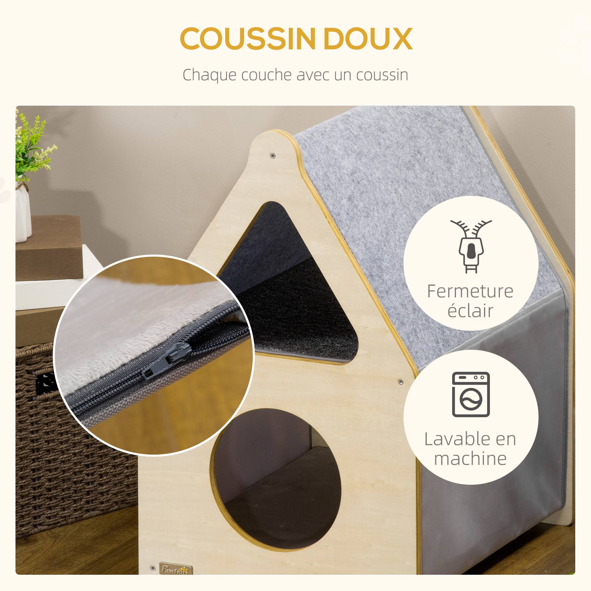 Pawhut - Maison pour chat design maisonnette - niche chat panier chat - 2 coussins amovibles, 2 niv. - panneaux aspect bois clair polyester gris - Image 5