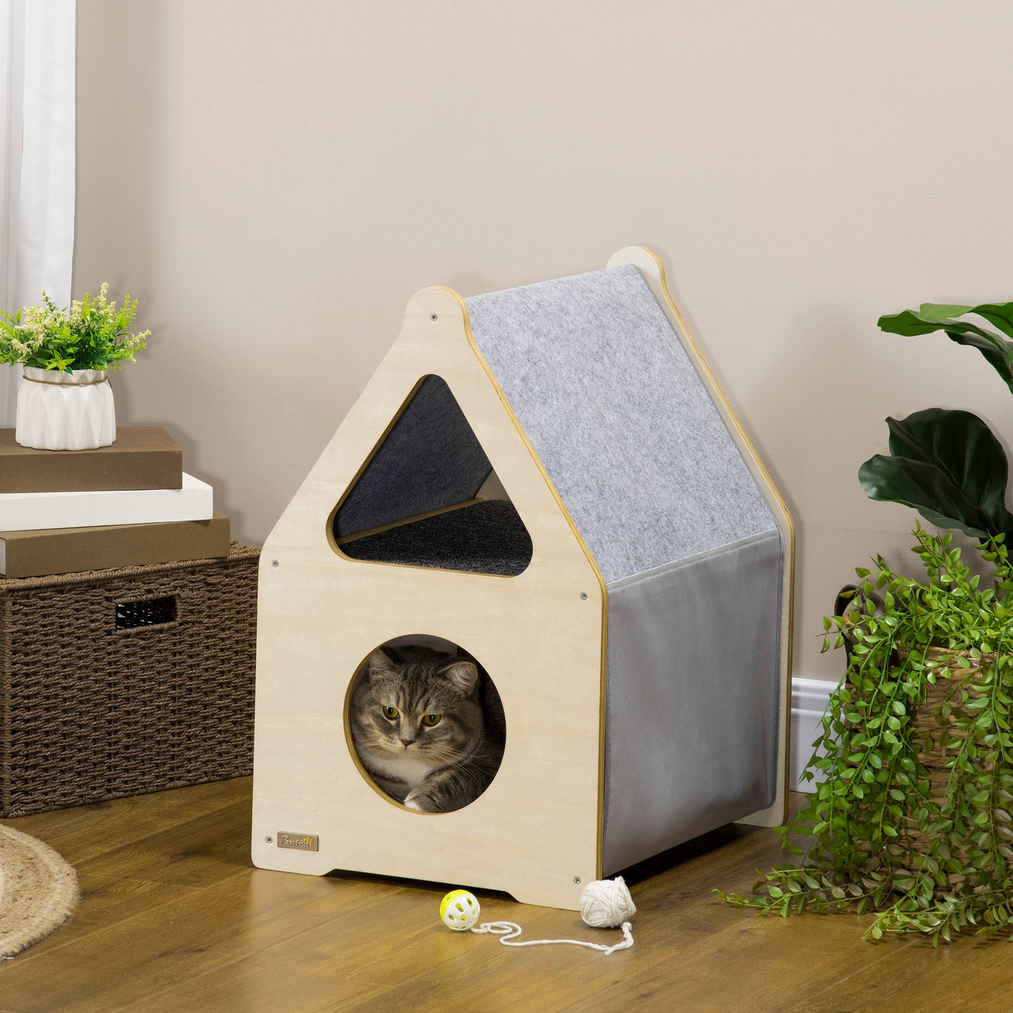 Pawhut - Maison pour chat design maisonnette - niche chat panier chat - 2 coussins amovibles, 2 niv. - panneaux aspect bois clair polyester gris - Image 2