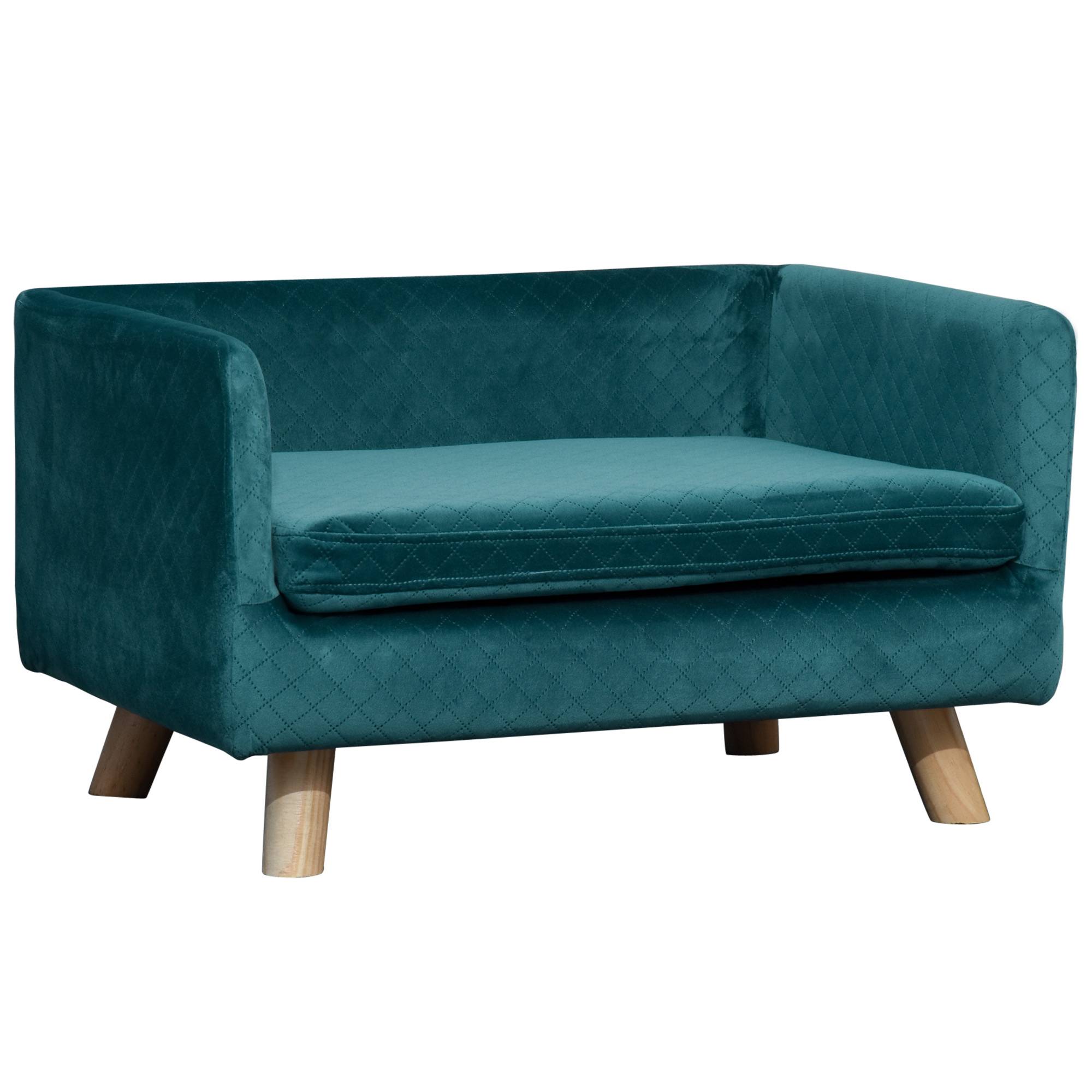 Sans Marque - Canapé chien lit pour chien design scandinave coussin moelleux pieds bois massif dim. 64 x 45 x 36 cm velours bleu canard - Image 1