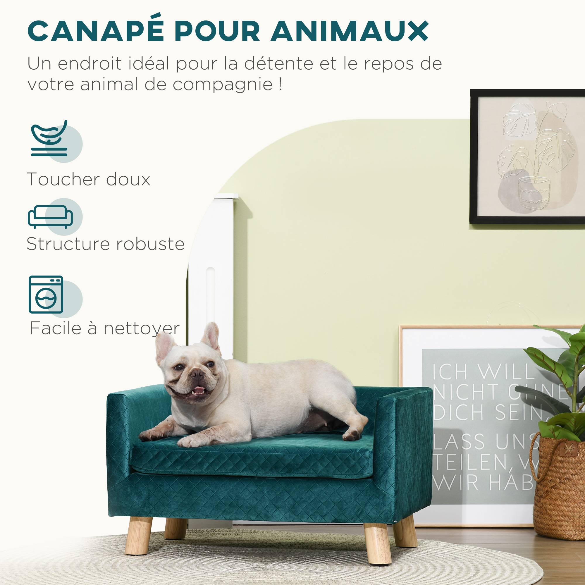 Sans Marque - Canapé chien lit pour chien design scandinave coussin moelleux pieds bois massif dim. 64 x 45 x 36 cm velours bleu canard - Image 6