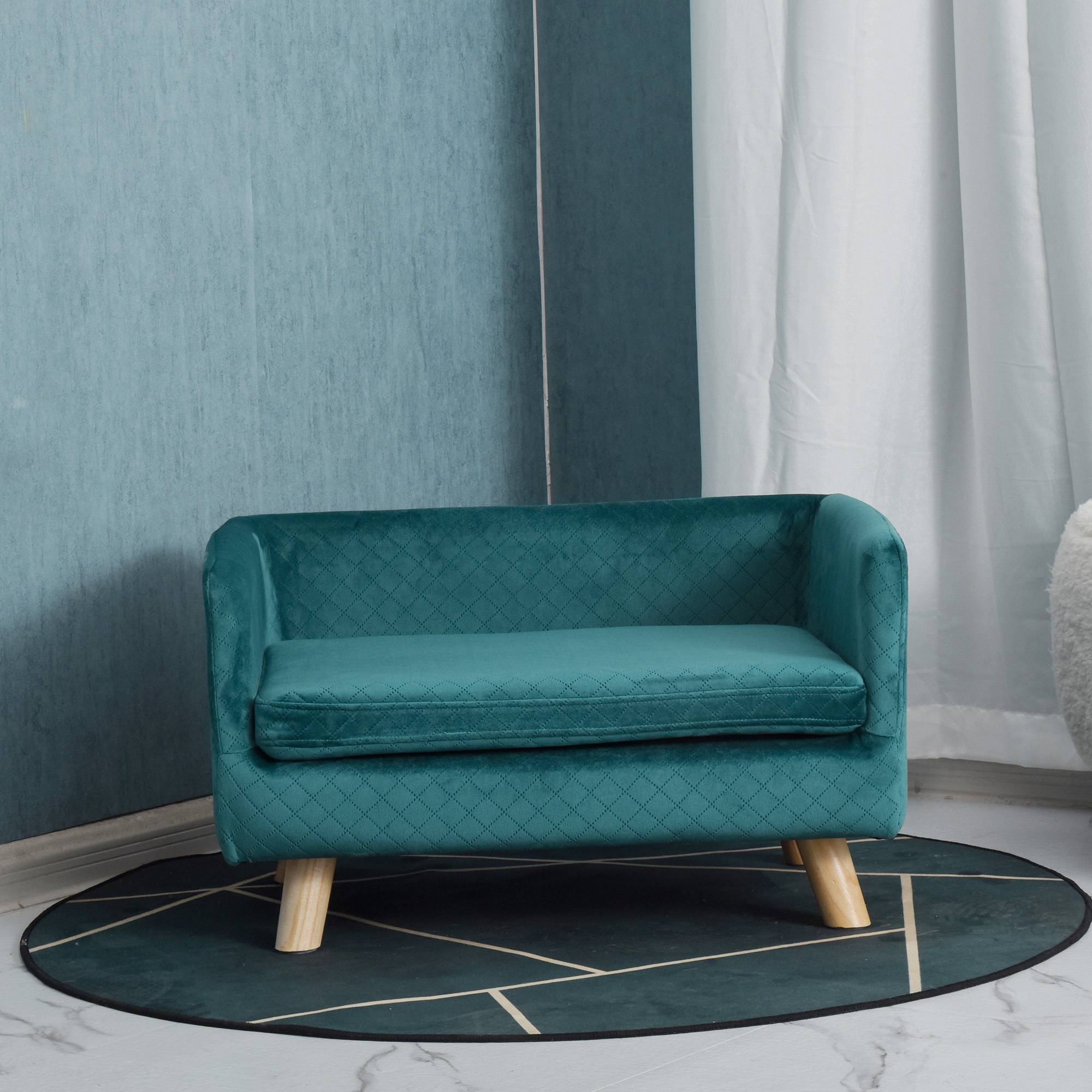Sans Marque - Canapé chien lit pour chien design scandinave coussin moelleux pieds bois massif dim. 64 x 45 x 36 cm velours bleu canard - Image 4