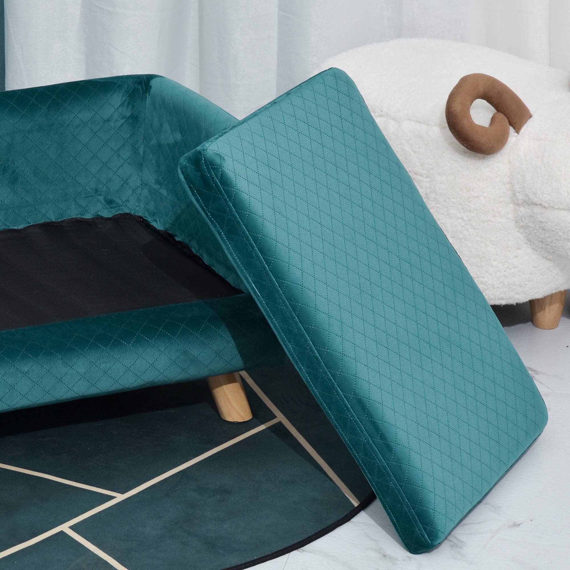 Sans Marque - Canapé chien lit pour chien design scandinave coussin moelleux pieds bois massif dim. 64 x 45 x 36 cm velours bleu canard - Image 10