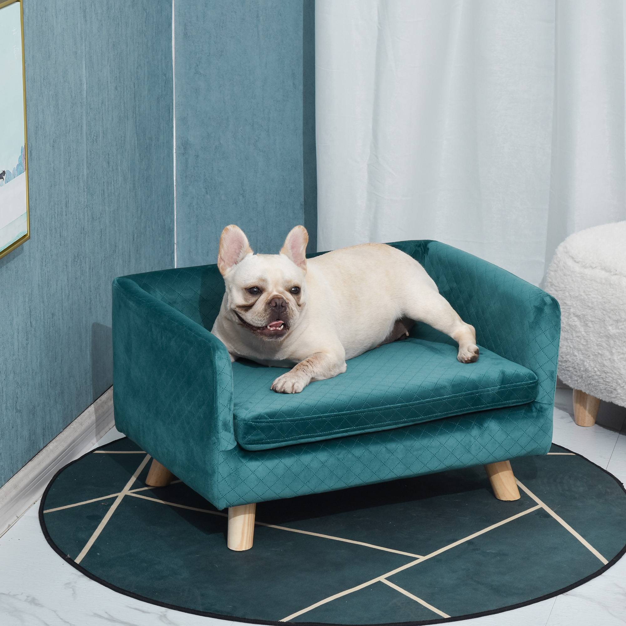 Sans Marque - Canapé chien lit pour chien design scandinave coussin moelleux pieds bois massif dim. 64 x 45 x 36 cm velours bleu canard - Image 3