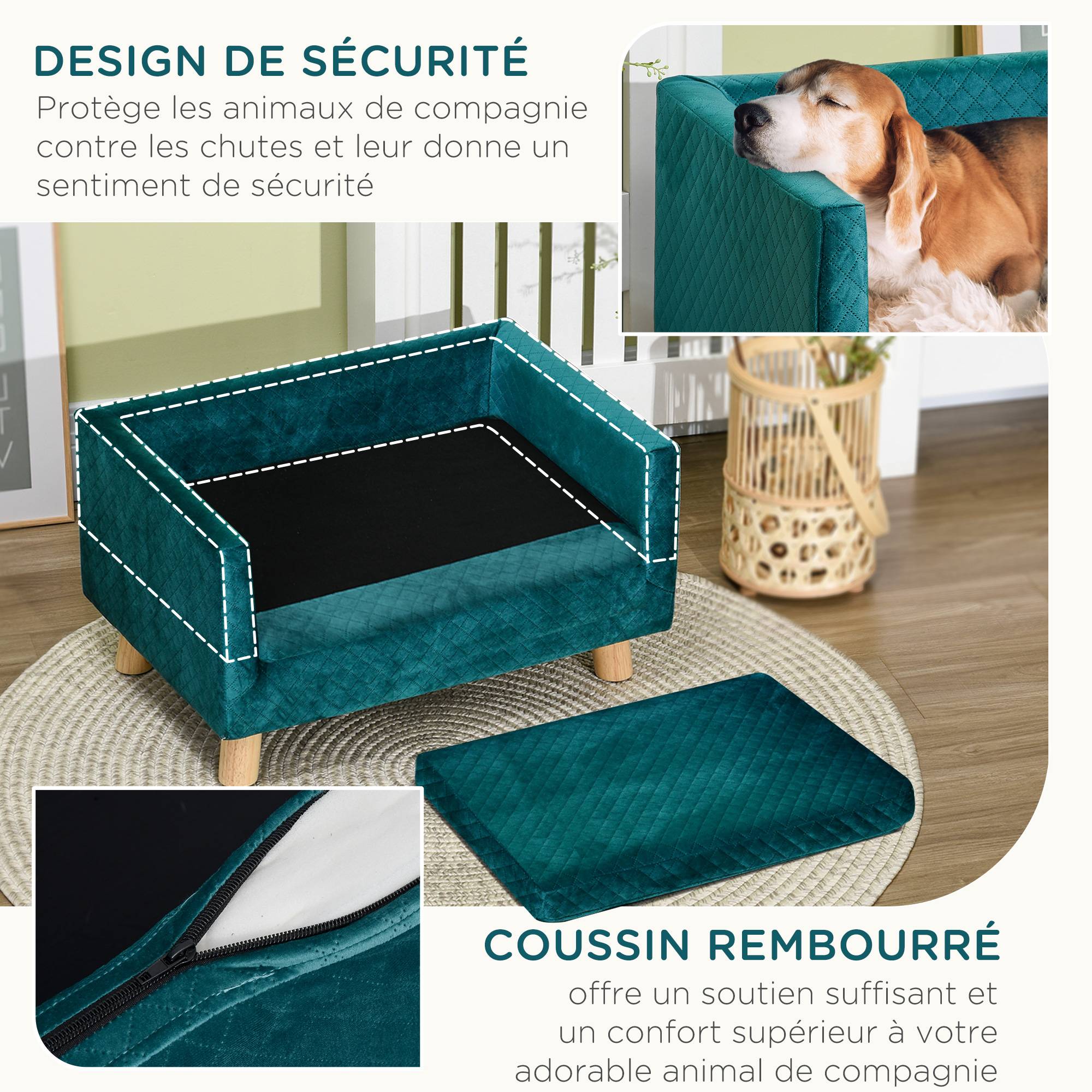 Sans Marque - Canapé chien lit pour chien design scandinave coussin moelleux pieds bois massif dim. 64 x 45 x 36 cm velours bleu canard - Image 8
