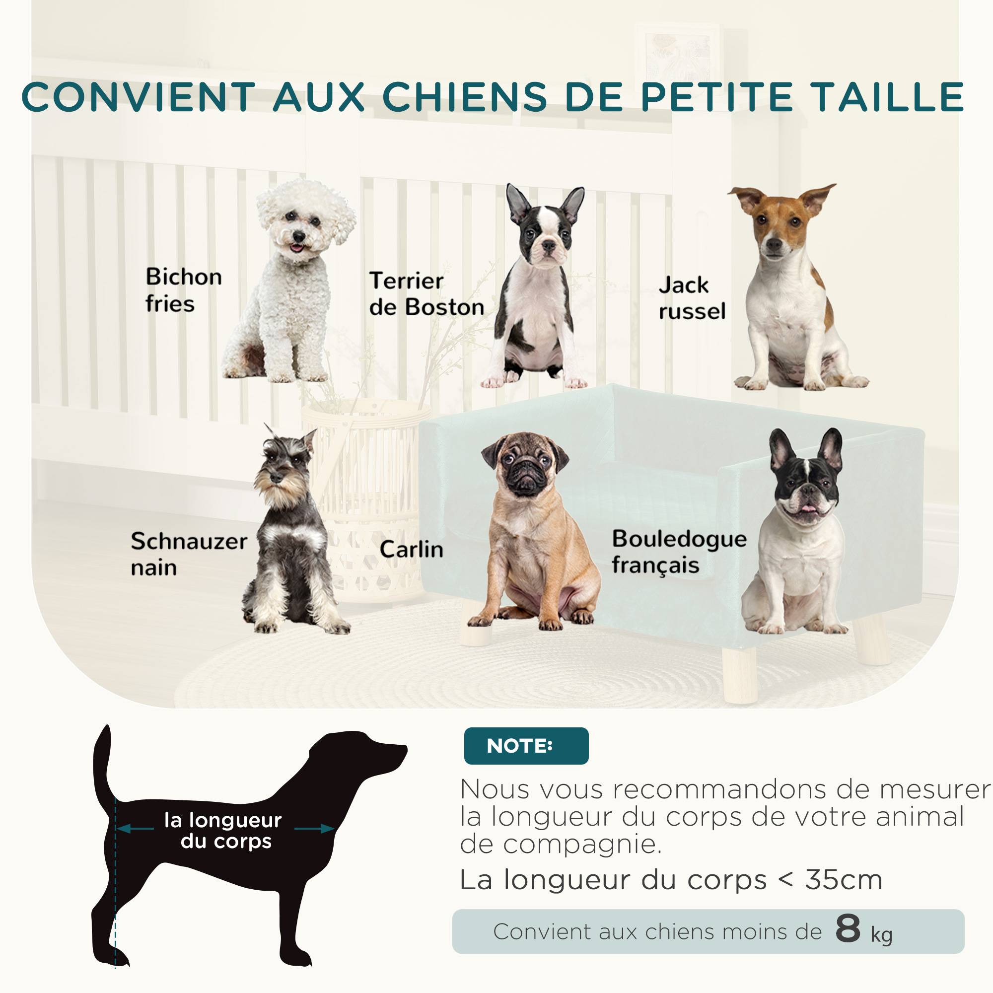 Sans Marque - Canapé chien lit pour chien design scandinave coussin moelleux pieds bois massif dim. 64 x 45 x 36 cm velours bleu canard - Image 9