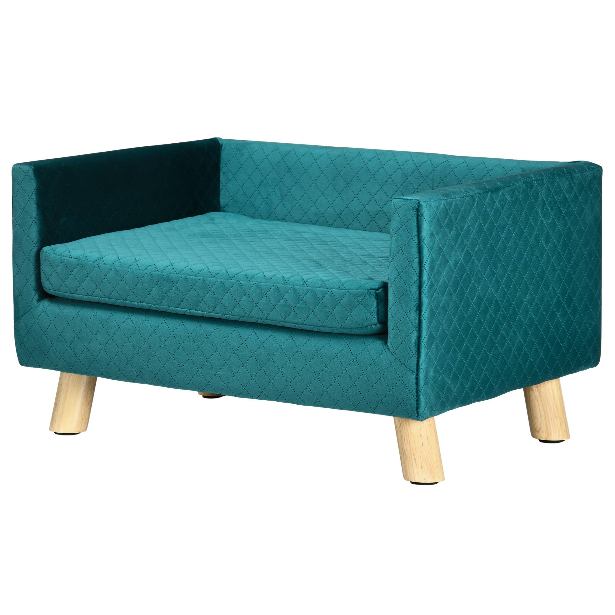 Sans Marque - Canapé chien lit pour chien design scandinave coussin moelleux pieds bois massif dim. 64 x 45 x 36 cm velours bleu canard - Image 2