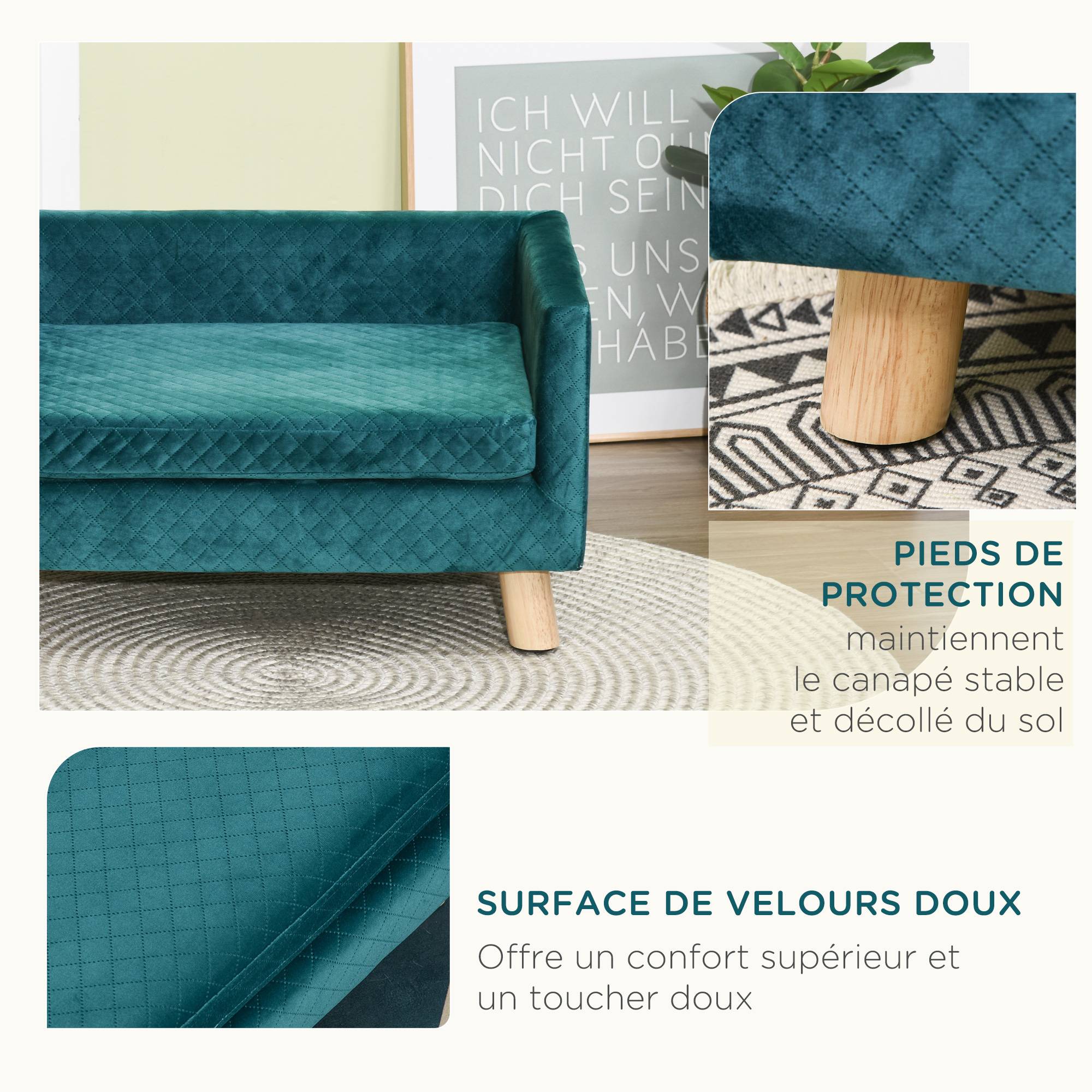Sans Marque - Canapé chien lit pour chien design scandinave coussin moelleux pieds bois massif dim. 64 x 45 x 36 cm velours bleu canard - Image 7