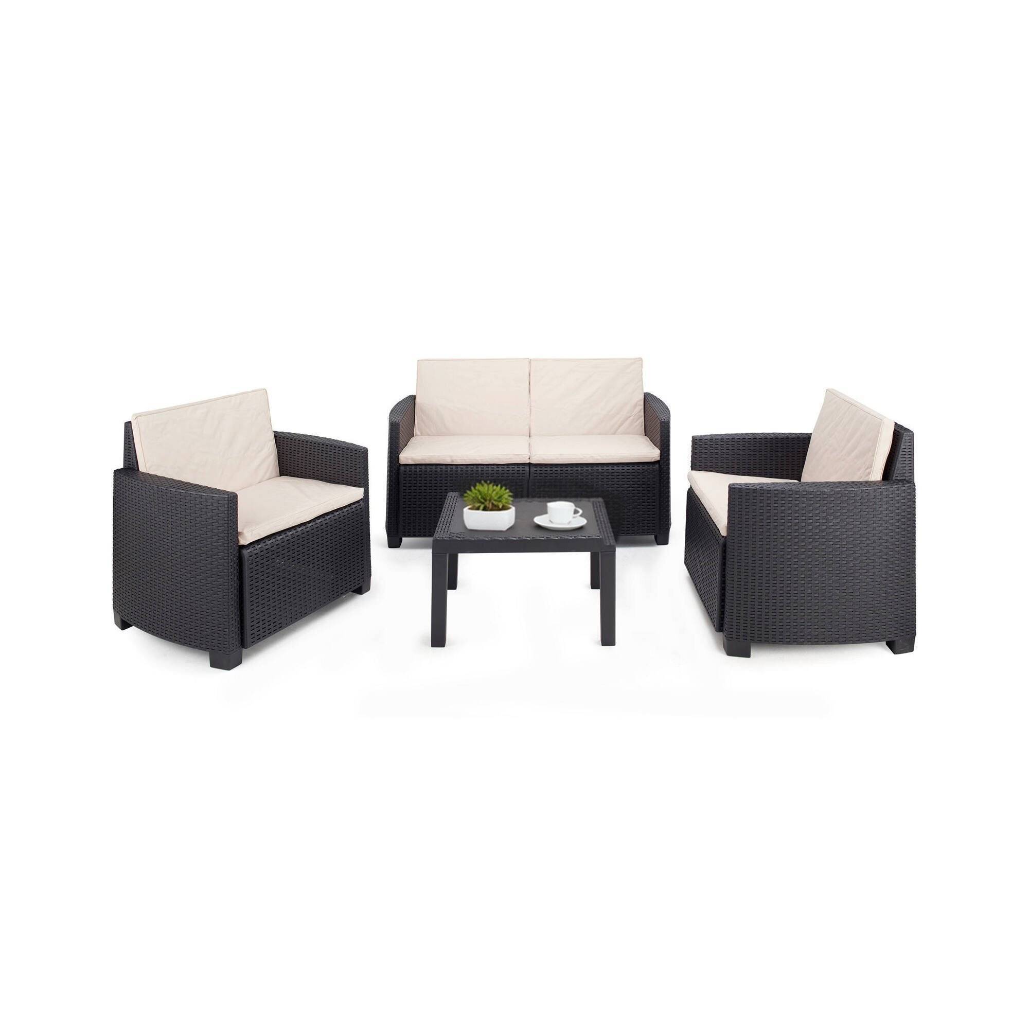 Dmora - Salon d'extérieur Sassari, Composition de jardin avec 2 fauteuils, 1 canapé et 1 table basse, Salon effet rotin avec coussins, Anthracite - Dmora - Image 1