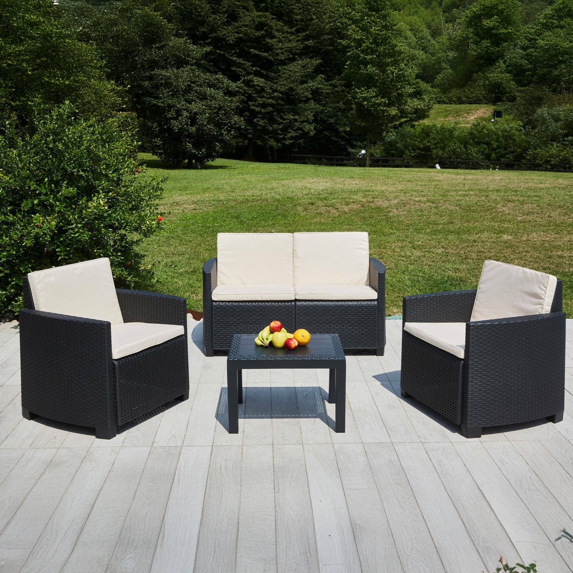 Dmora - Salon d'extérieur Sassari, Composition de jardin avec 2 fauteuils, 1 canapé et 1 table basse, Salon effet rotin avec coussins, Anthracite - Dmora - Image 2