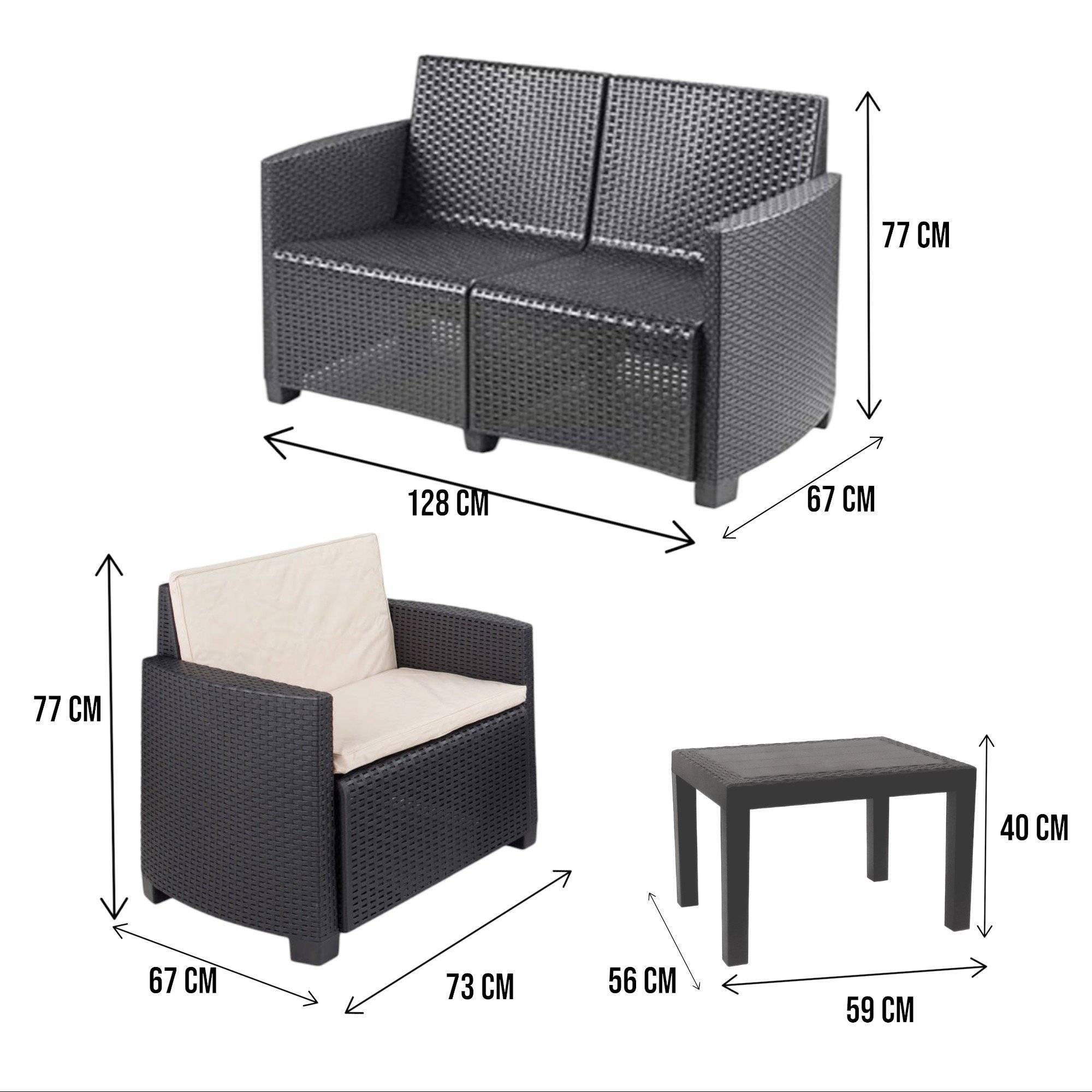 Dmora - Salon d'extérieur Sassari, Composition de jardin avec 2 fauteuils, 1 canapé et 1 table basse, Salon effet rotin avec coussins, Anthracite - Dmora - Image 3