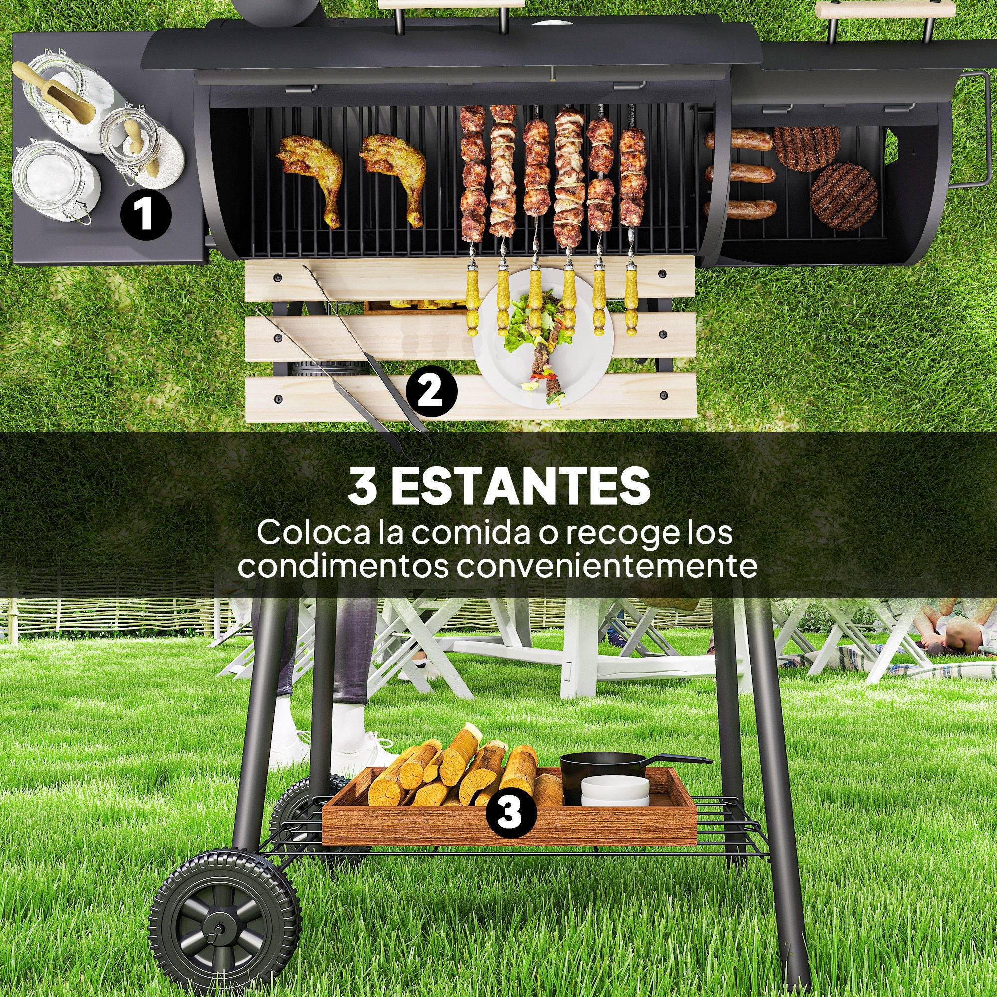 Barbecue charbon 3 en 1 : fumoir, grill, barbecue. 124 x 53 x 104 cm, thermomètre, roulettes, étagères bois, pique-nique camping - Image 9