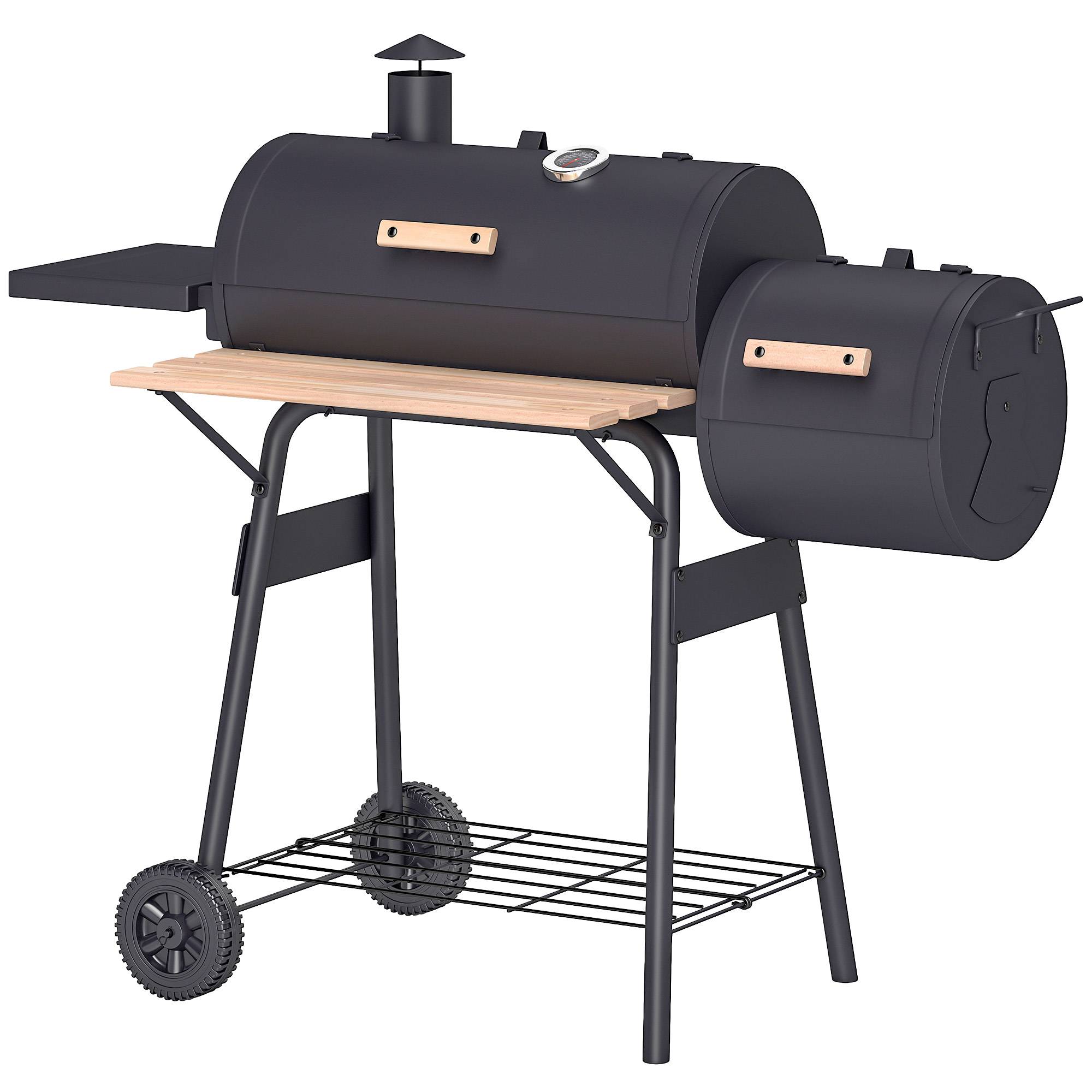 Barbecue charbon 3 en 1 : fumoir, grill, barbecue. 124 x 53 x 104 cm, thermomètre, roulettes, étagères bois, pique-nique camping - Image 2