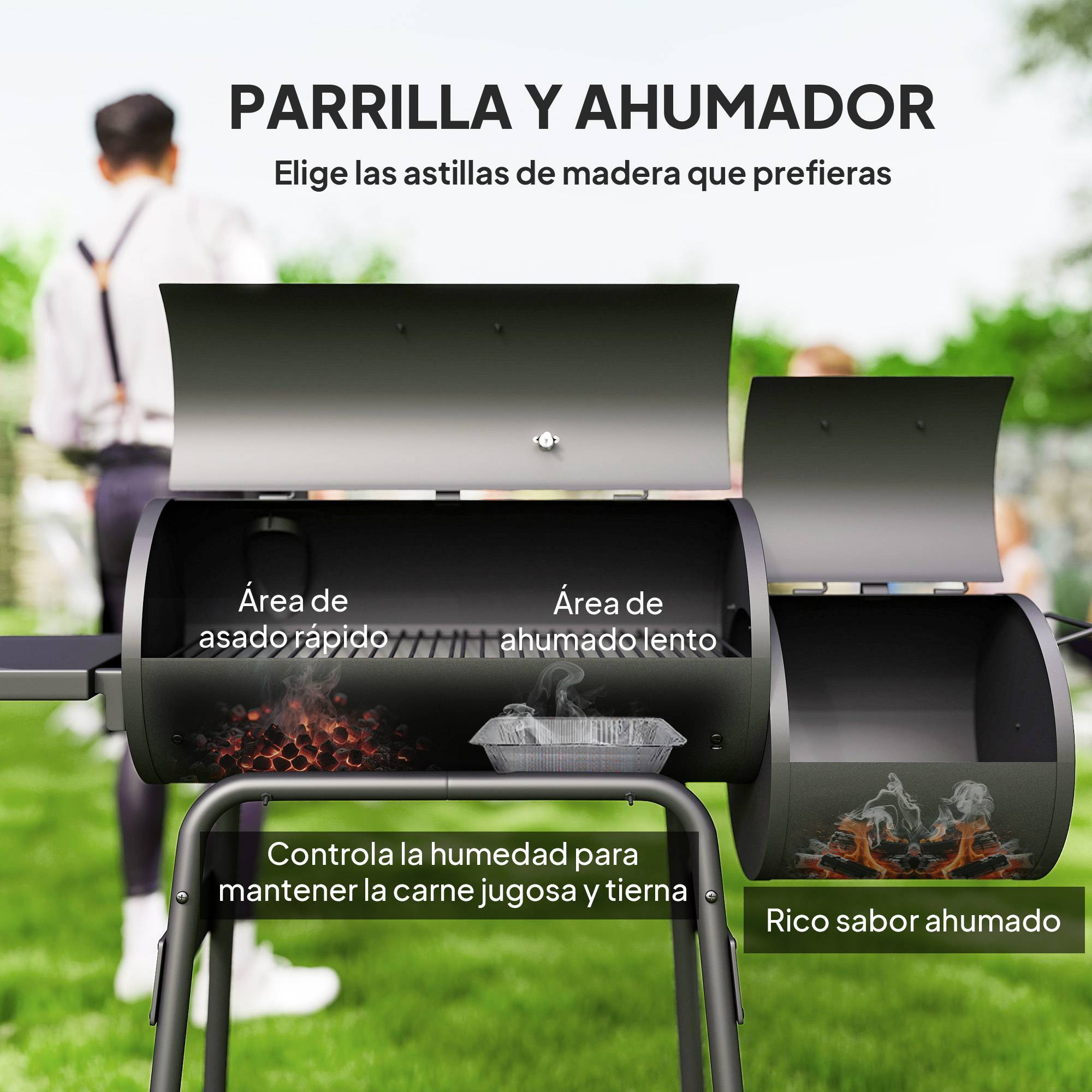 Barbecue charbon 3 en 1 : fumoir, grill, barbecue. 124 x 53 x 104 cm, thermomètre, roulettes, étagères bois, pique-nique camping - Image 6