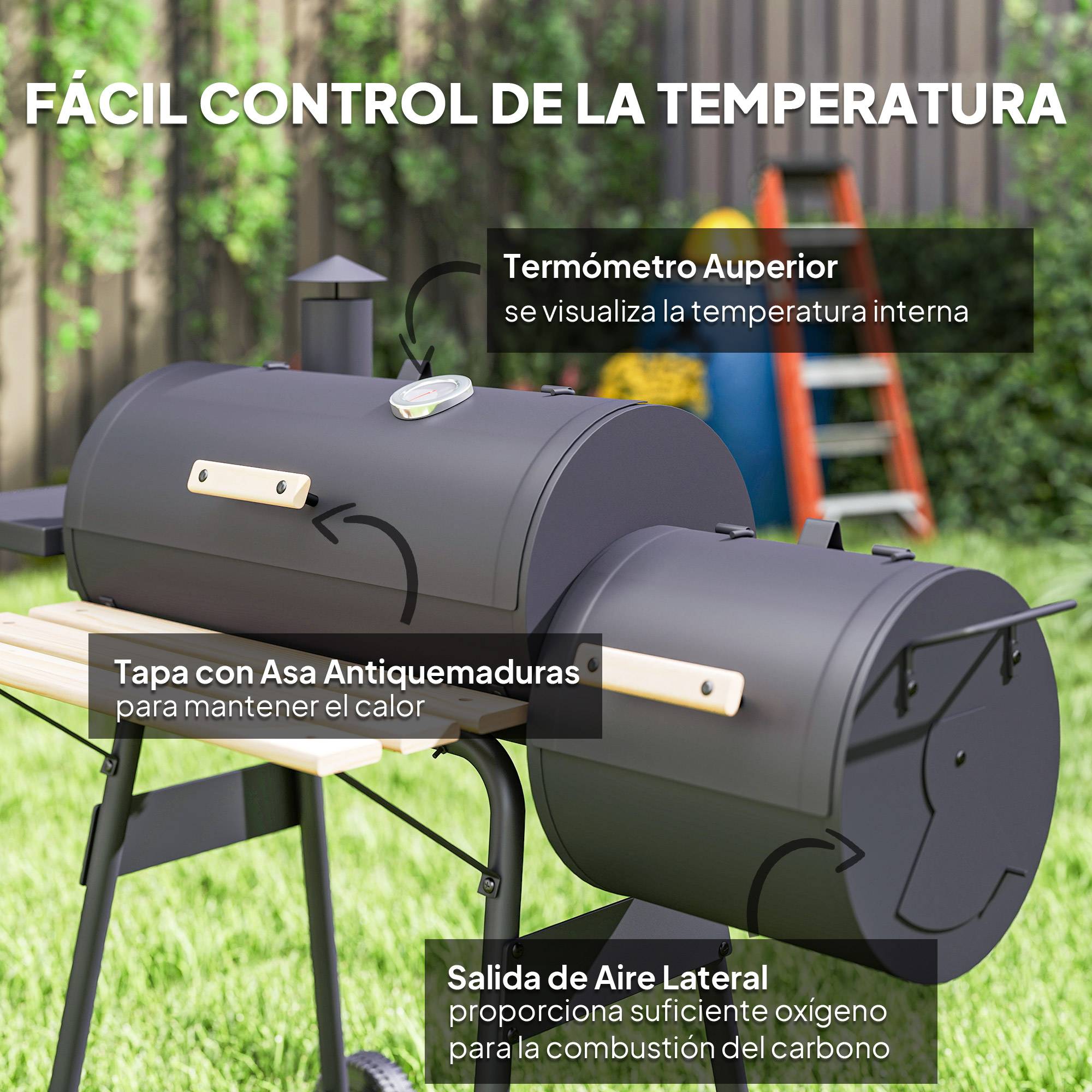 Barbecue charbon 3 en 1 : fumoir, grill, barbecue. 124 x 53 x 104 cm, thermomètre, roulettes, étagères bois, pique-nique camping - Image 8