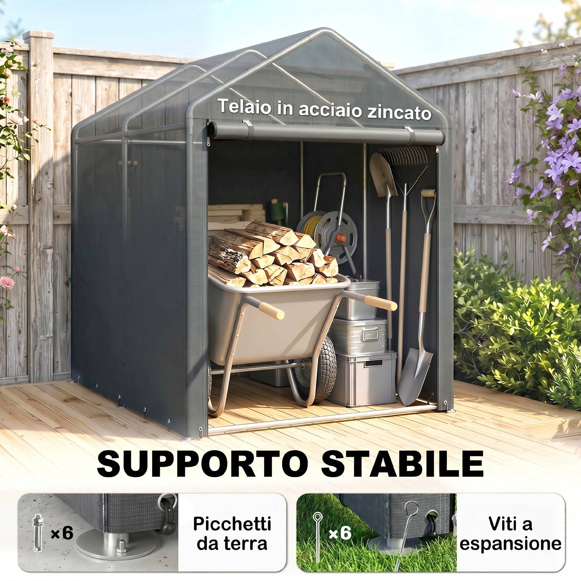 Abri outils anti-UV entrée zip, acier galvanisé bâche PE,120x179x165cm, gris foncé - Image 7