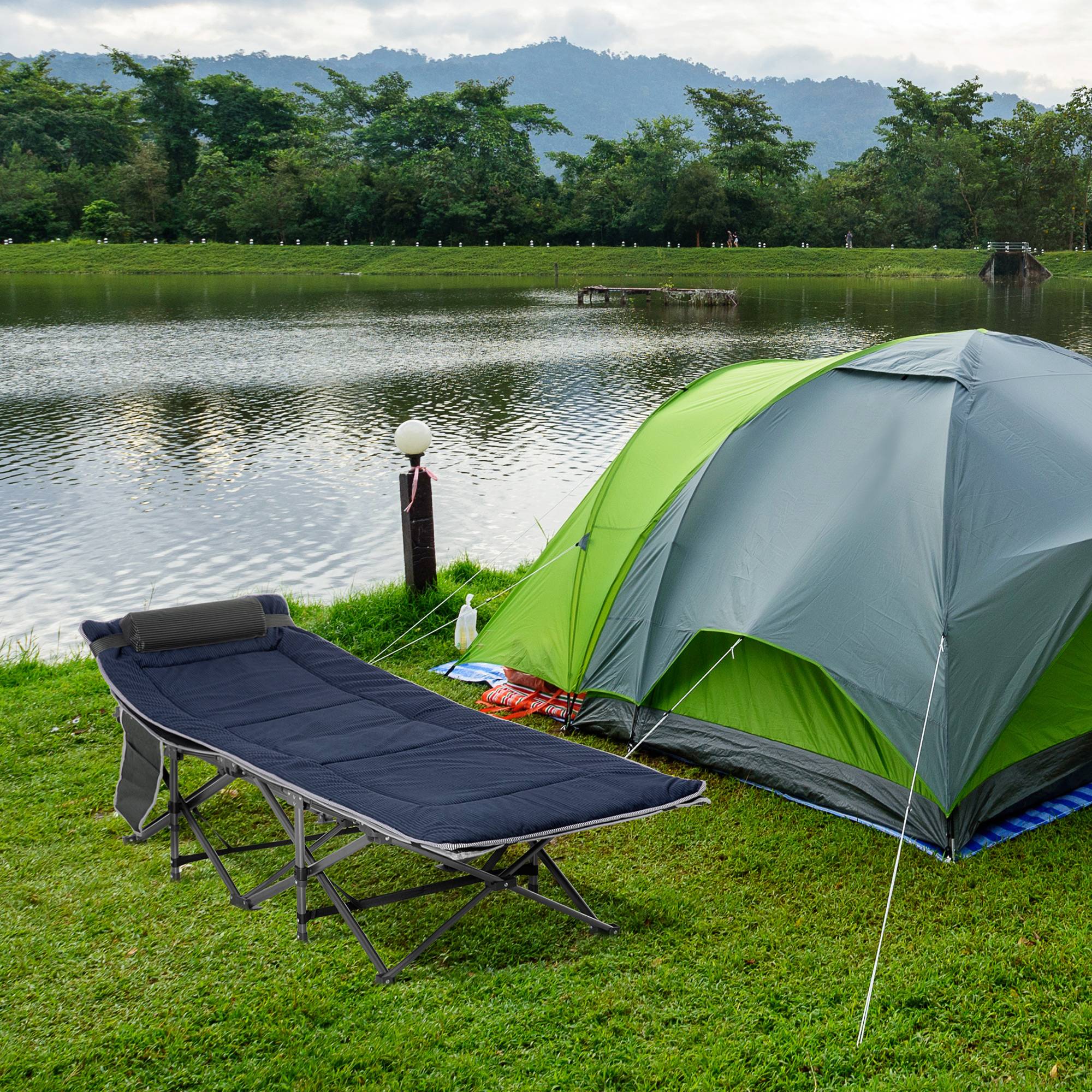 Sans Marque - Lit camping pliable avec oreiller, 188x64,5x53cm, bleu foncé+gris - Image 3