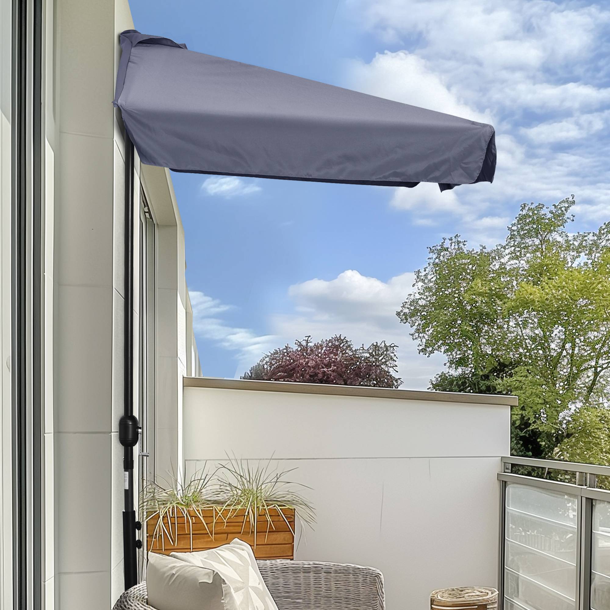 Demi parasol, parasol de balcon 5 entretoises métal 2,3x1,3x2,49m - Métal Gris fr126 - Image 3