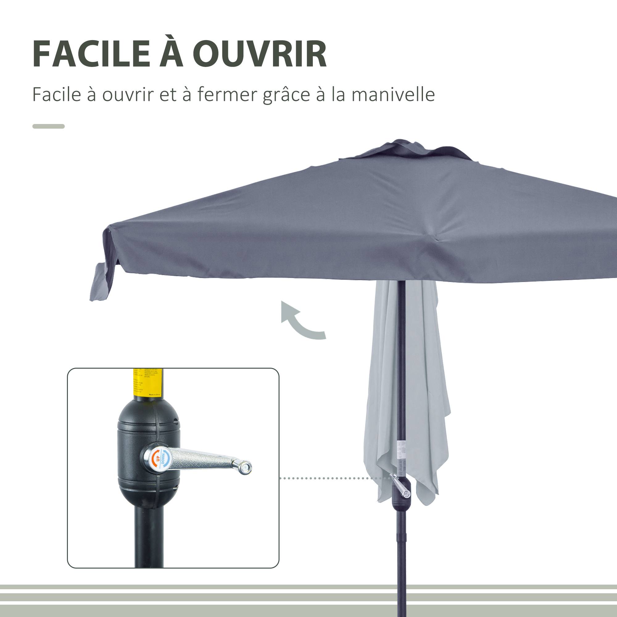 Demi parasol, parasol de balcon 5 entretoises métal 2,3x1,3x2,49m - Métal Gris fr126 - Image 6