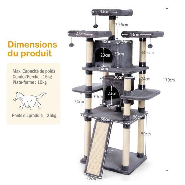 Arbre à chat griffoir 60 x 50 x 170 cm avec poteaux planche à gratter 3 perchoirs en peluche 2 niches 3 peluches suspendues - Image 3