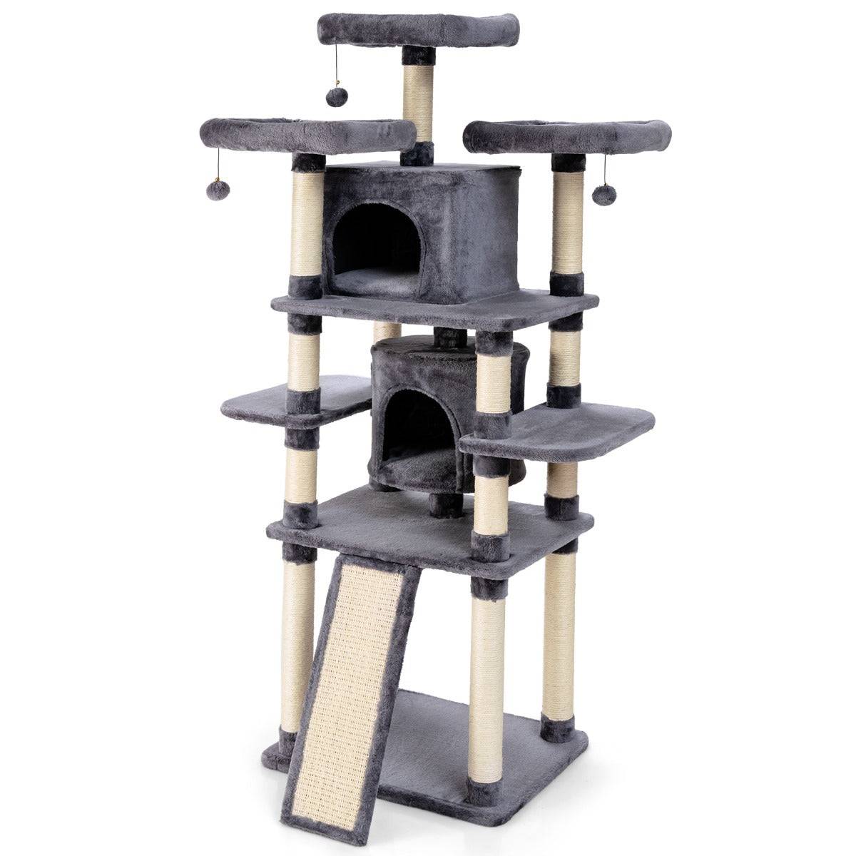 Arbre à chat griffoir 60 x 50 x 170 cm avec poteaux planche à gratter 3 perchoirs en peluche 2 niches 3 peluches suspendues - Image 1