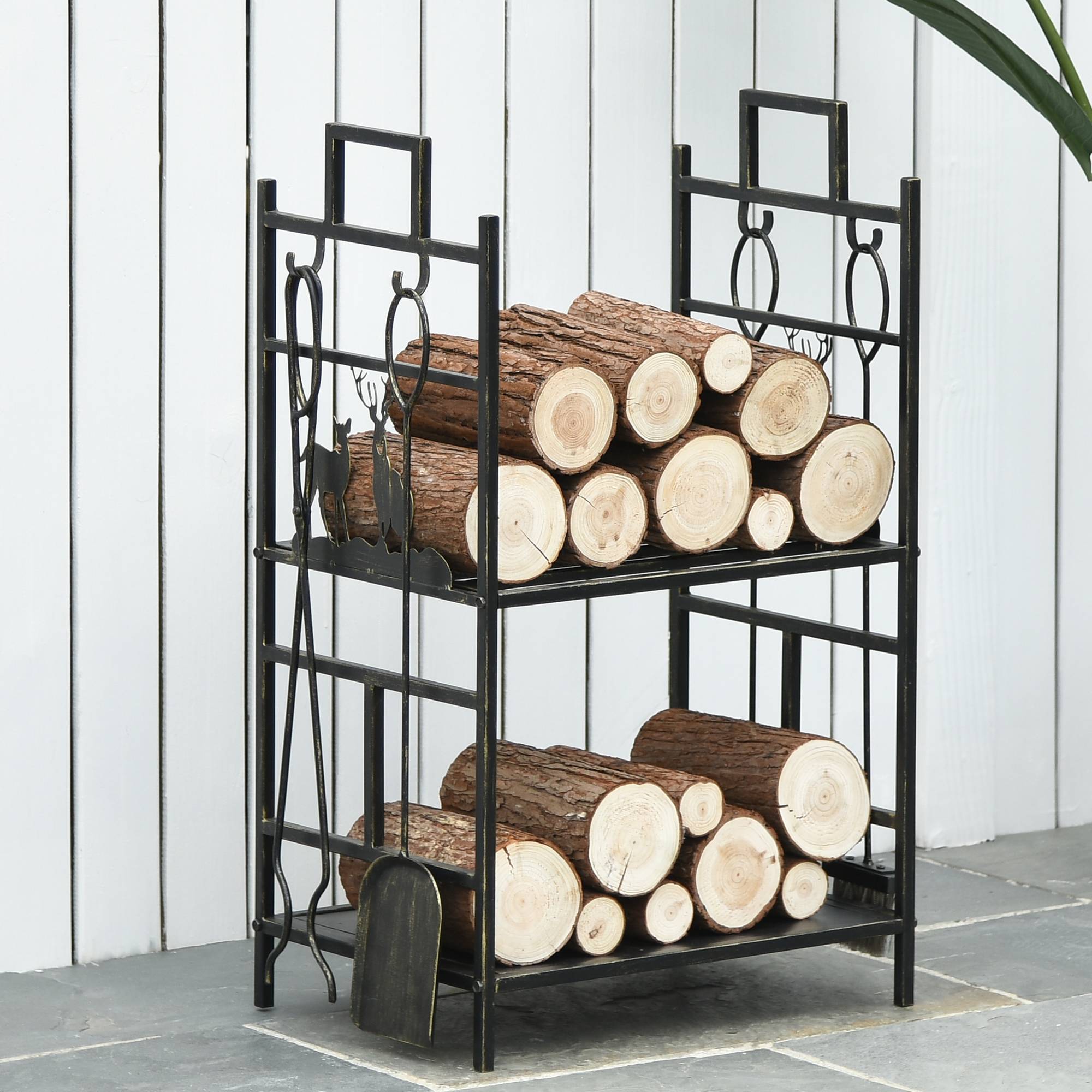 Porte-Bûches avec Serviteur de Cheminée Cerf, Range-Bûches Métal Noir et Or Vieilli, 2 Étagères, Multi-Accessoires, 51,5 x 33 x 77 cm - Image 3