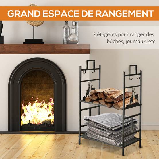 Porte-Bûches avec Serviteur de Cheminée Cerf, Range-Bûches Métal Noir et Or Vieilli, 2 Étagères, Multi-Accessoires, 51,5 x 33 x 77 cm - Image 9